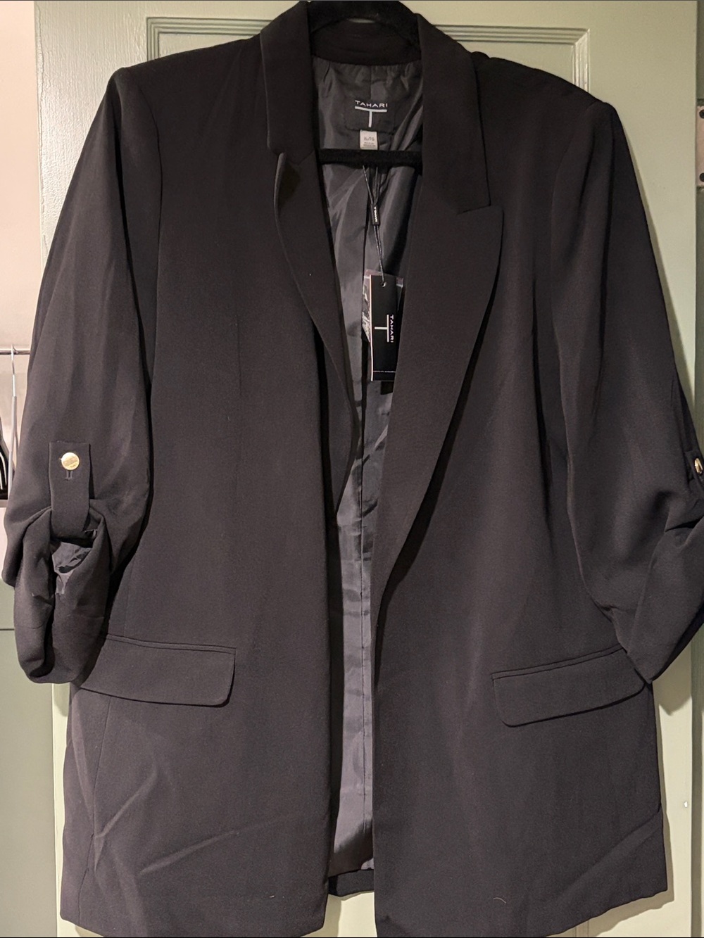 Tahari Black Open-Front Longline Blazer with Roll-Tab Sleeves